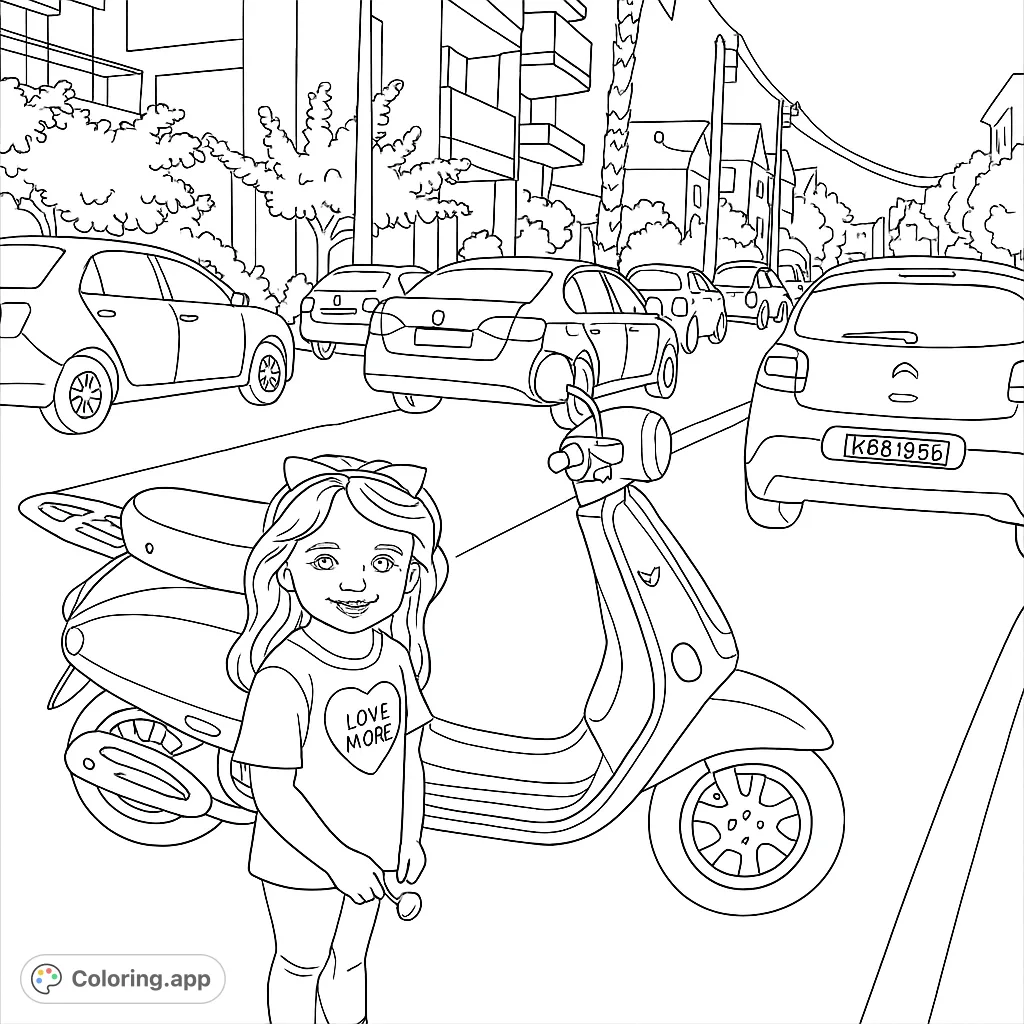 A cheerful girl and her scooter on a busy city street, surrounded by cars and buildings. A fun urban adventure coloring page.