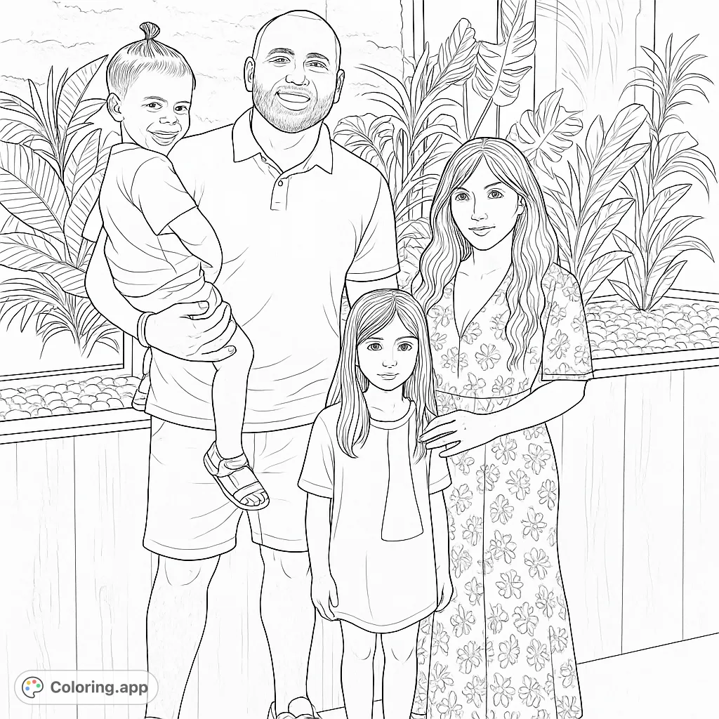 A heartwarming family portrait featuring parents and two children amidst lush tropical plants. Perfect for a free printable family coloring page.