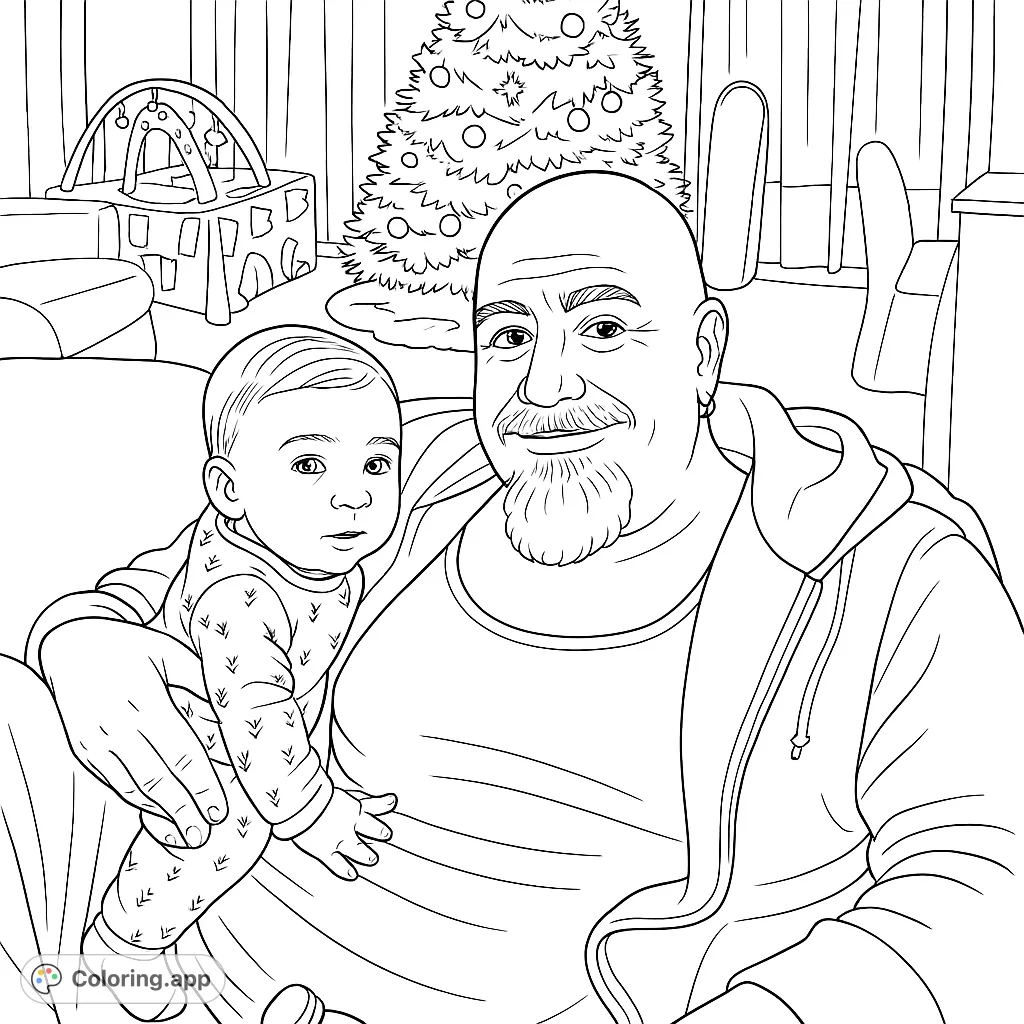 A heartwarming Christmas coloring page featuring a man holding a baby, with a festive tree. Free printable family coloring page for kids & adults.