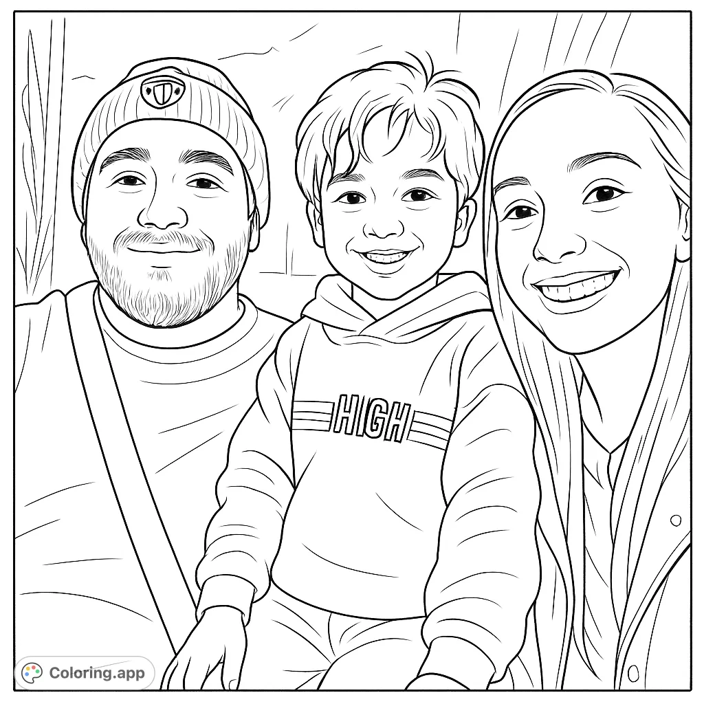 A heartwarming family portrait coloring page featuring a father, child, and mother, perfect for all ages. Enjoy this free printable coloring page!