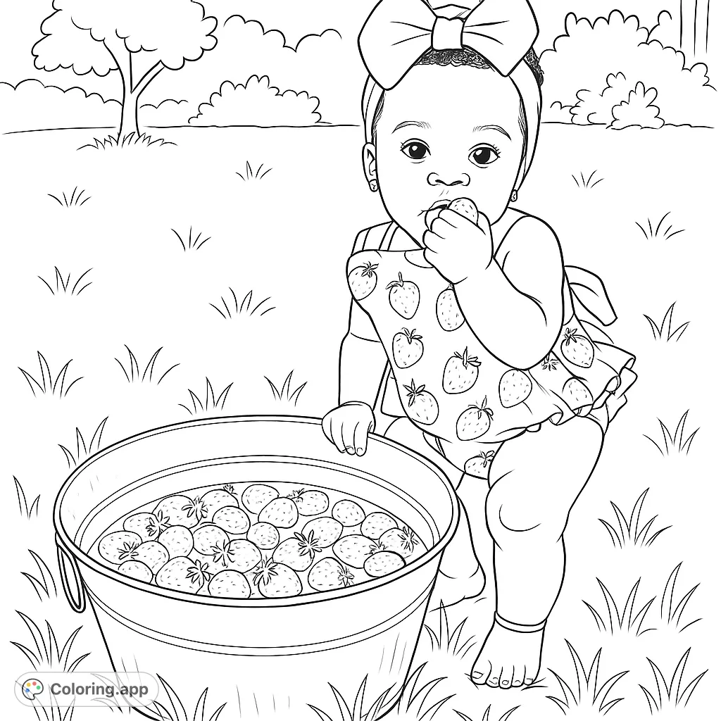 Adorable baby enjoying a fresh strawberry next to a full bucket in a sunny field. Perfect for a sweet, summery coloring experience.