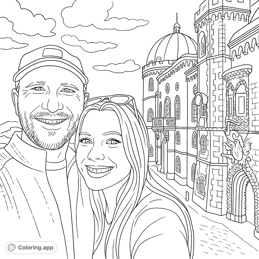 A happy couple poses for a selfie in front of a grand, ornate castle with a dome and intricate details, perfect for a romantic coloring adventure.