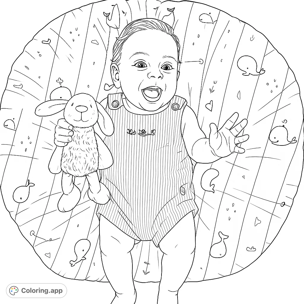 A joyful baby lies on a patterned mat, holding a plush bunny. Perfect for a baby-themed coloring page, celebrating innocence and playtime.