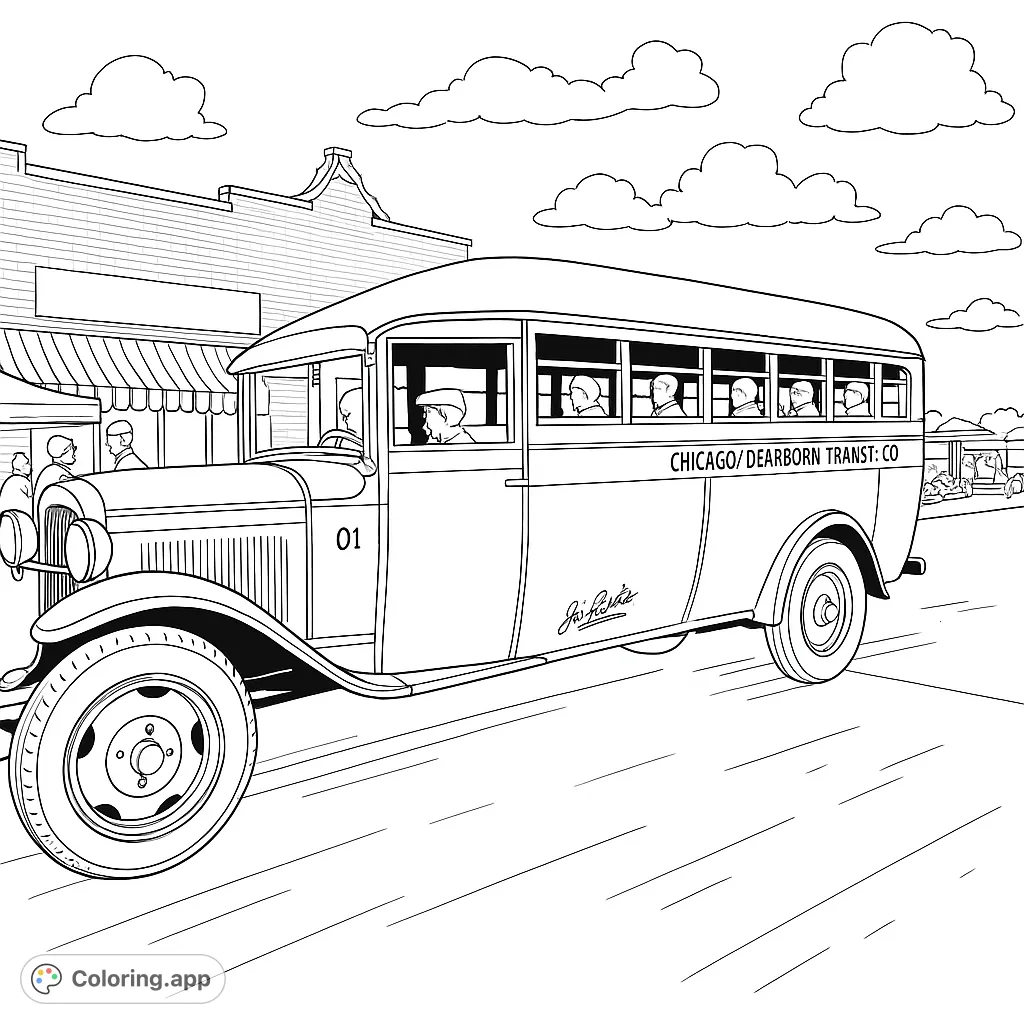 Step back in time with this vintage transit bus coloring page. Features a classic vehicle, passengers, and a detailed brick building background.