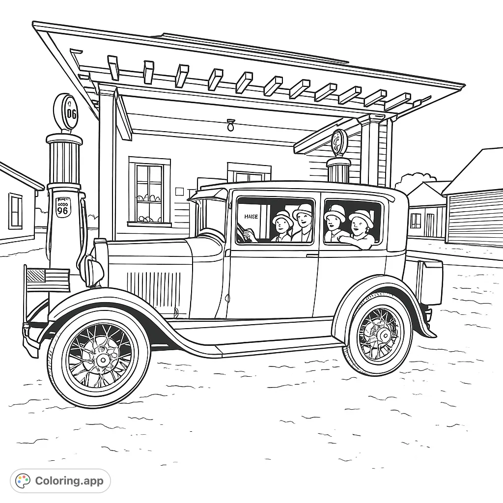 Vintage Car at Gas Station