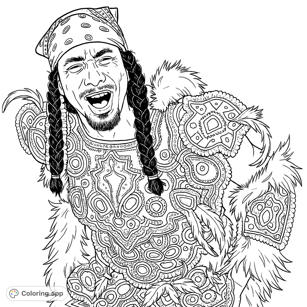 An expressive figure in an intricate, heavily beaded costume with vibrant patterns and feathers, ready for creative coloring.