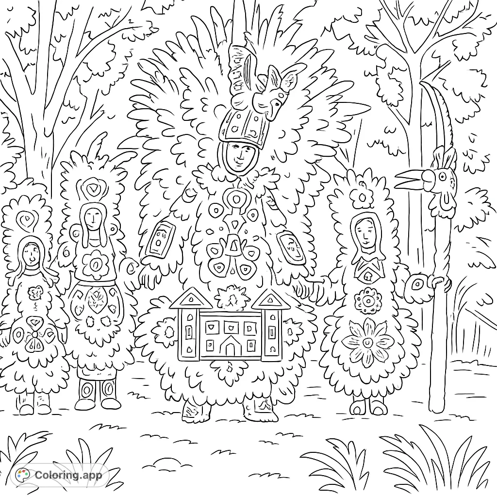 Four figures in elaborate feathered parade costumes with intricate patterns, ready for a vibrant coloring adventure. A festive scene!