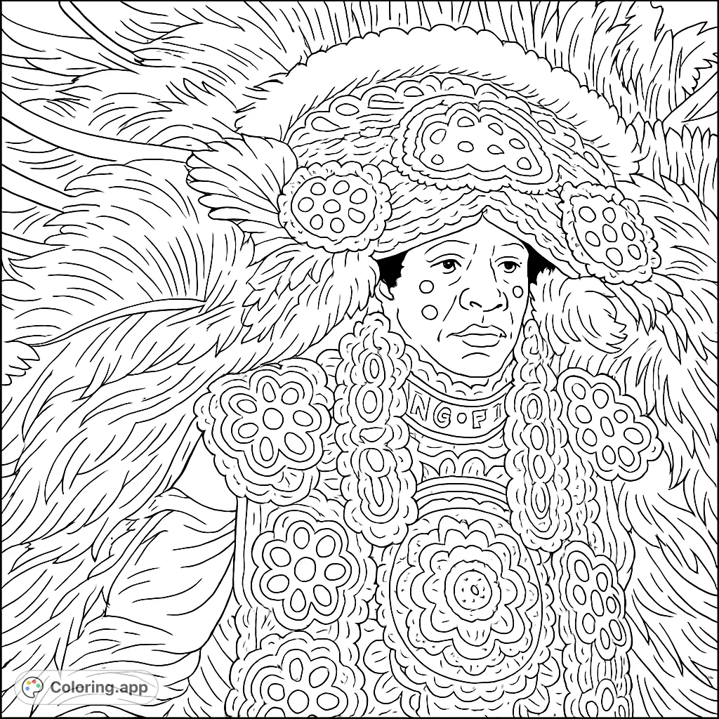 A majestic figure in elaborate feathered attire and intricate patterns, a captivating cultural figure coloring page.