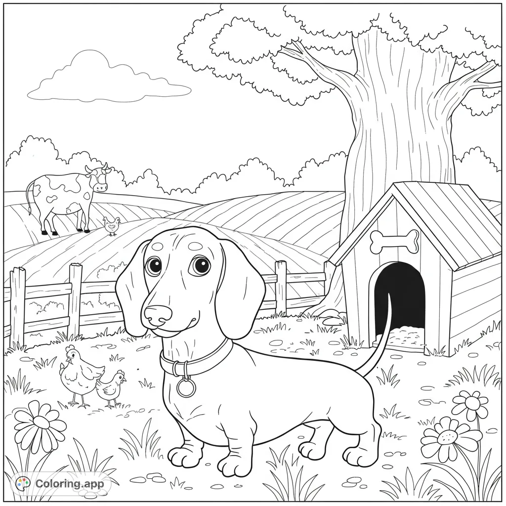 An adorable dachshund explores a charming farm scene with chickens, a cow, rolling fields, and a cozy dog house. Free printable farm animal coloring page.