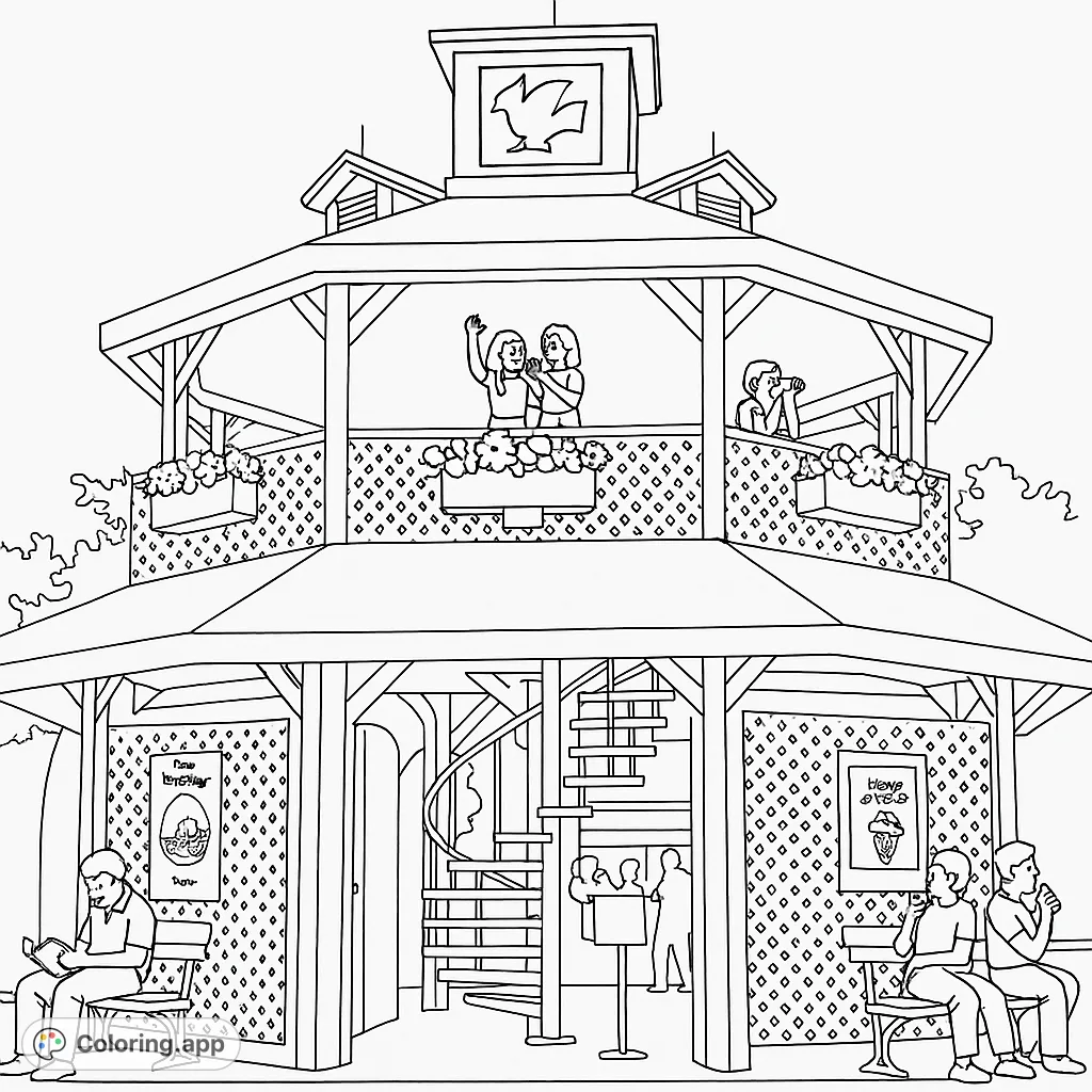 Explore a lively two-story gazebo with people enjoying the view and relaxing. A charming scene perfect for a free printable coloring page for all ages.