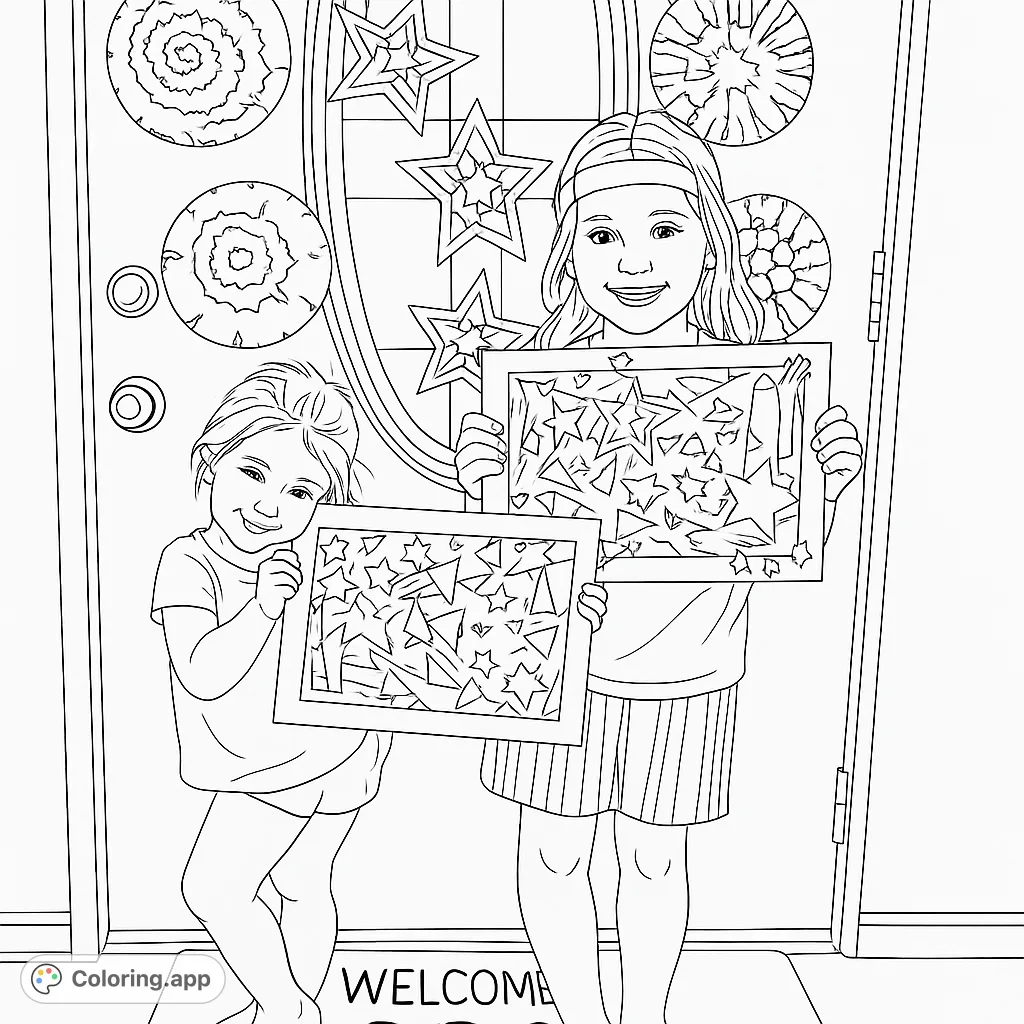 Two smiling girls proudly display their star-themed artwork in front of a decorated door. A fun, creative coloring page for kids.