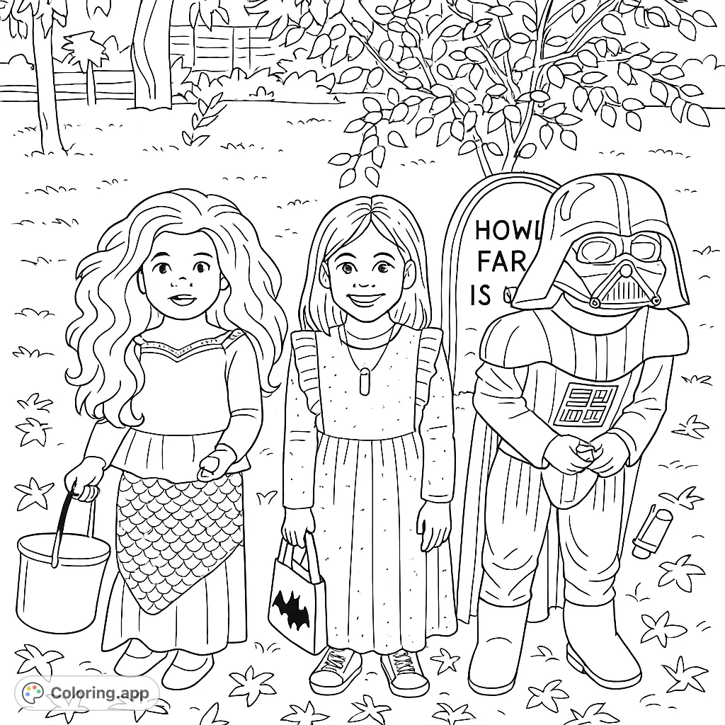 Join three costumed kids—a mermaid, a girl with a bat bag, and Darth Vader—for a fun Halloween adventure. Perfect for festive coloring!