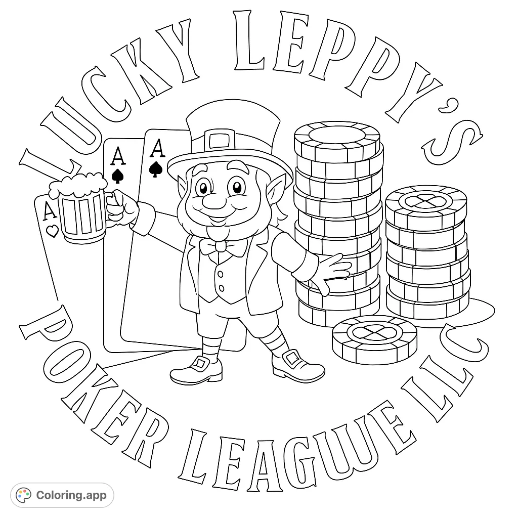 A festive leprechaun with poker chips, playing cards, and a beer mug, perfect for a fun, lucky-themed coloring adventure. Great for all ages!