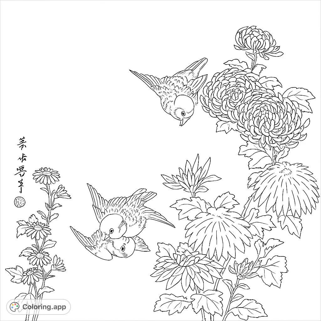 Delightful birds flutter among intricate chrysanthemums and flowers. A beautiful nature-themed coloring page for all ages. Free printable.