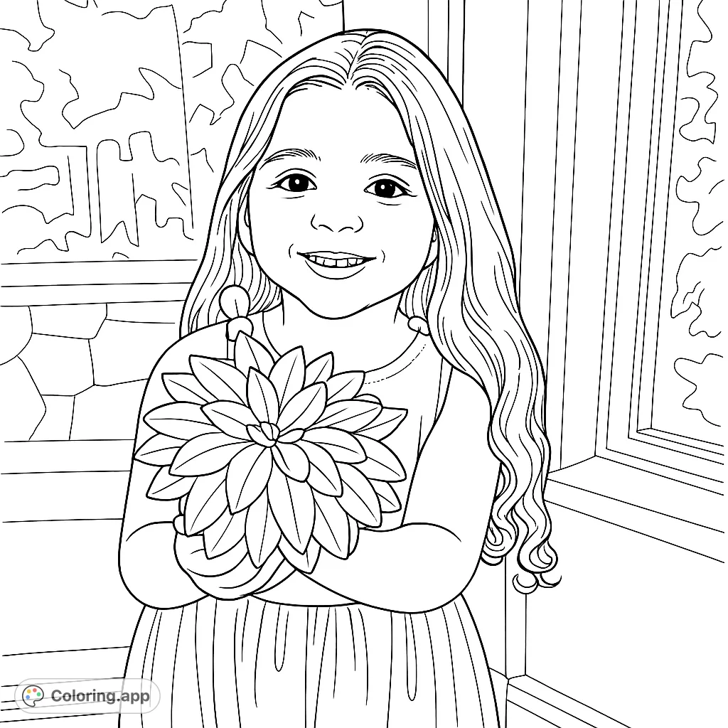 A delightful free printable girl with flower coloring page, perfect for kids and adults. Features a smiling girl holding a beautiful, detailed flower.