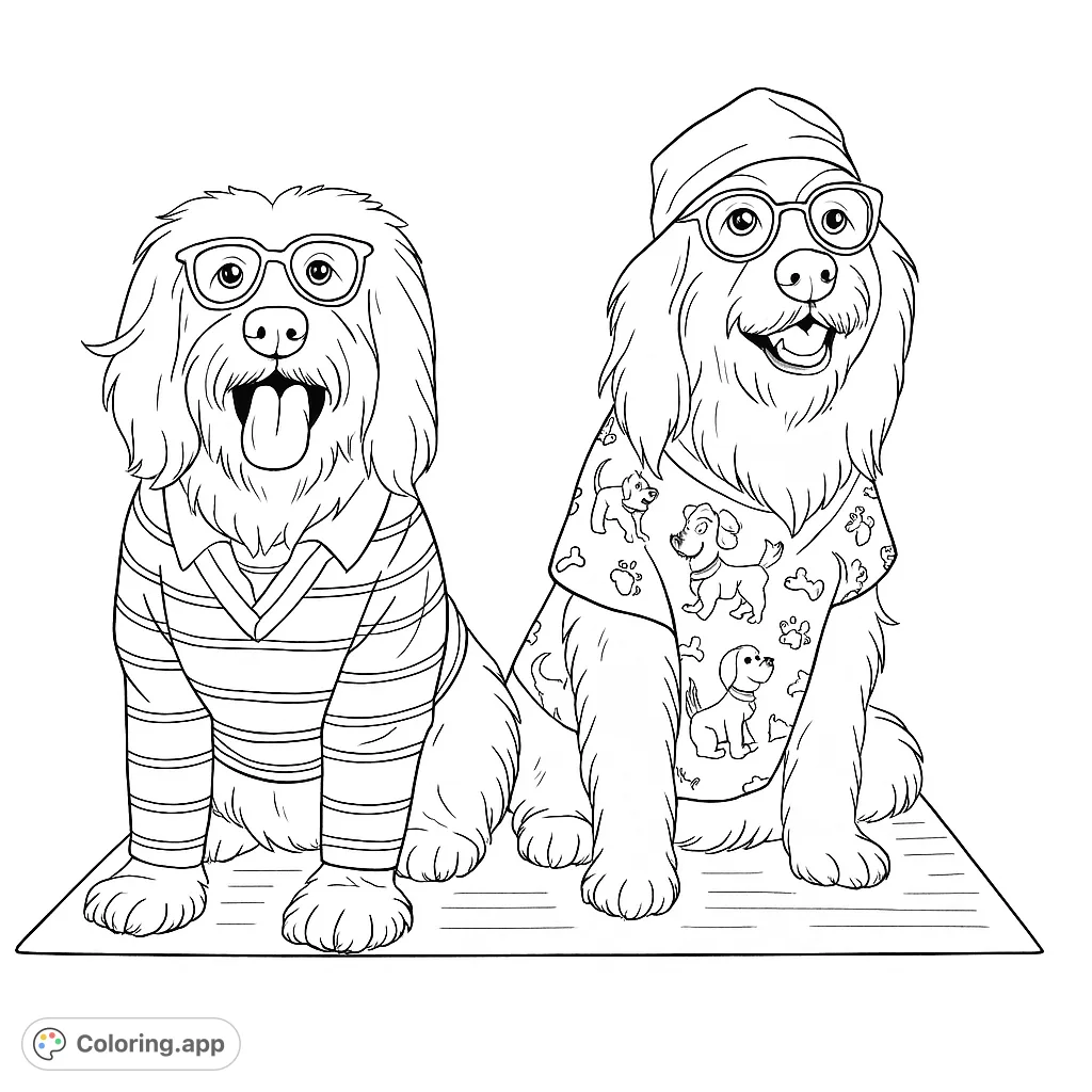 Two adorable dogs in charming outfits and glasses, ready for a fun coloring adventure! Perfect for pet lovers and creative minds.
