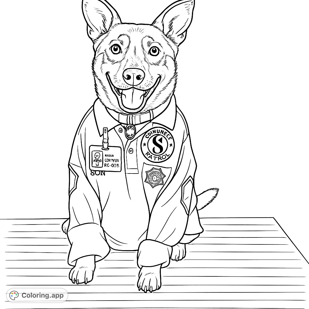 A cheerful dog in a detailed "Squirrel Patrol" uniform, complete with an ID badge and patches, sitting on a ribbed mat, ready for coloring fun.