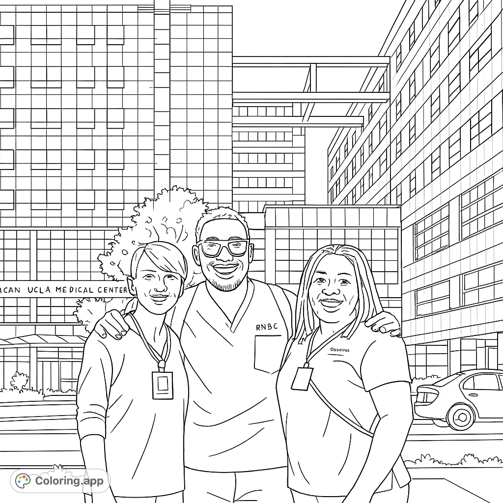 Color a group portrait of healthcare heroes in front of a modern hospital. A detailed scene for aspiring medical professionals and community supporters.