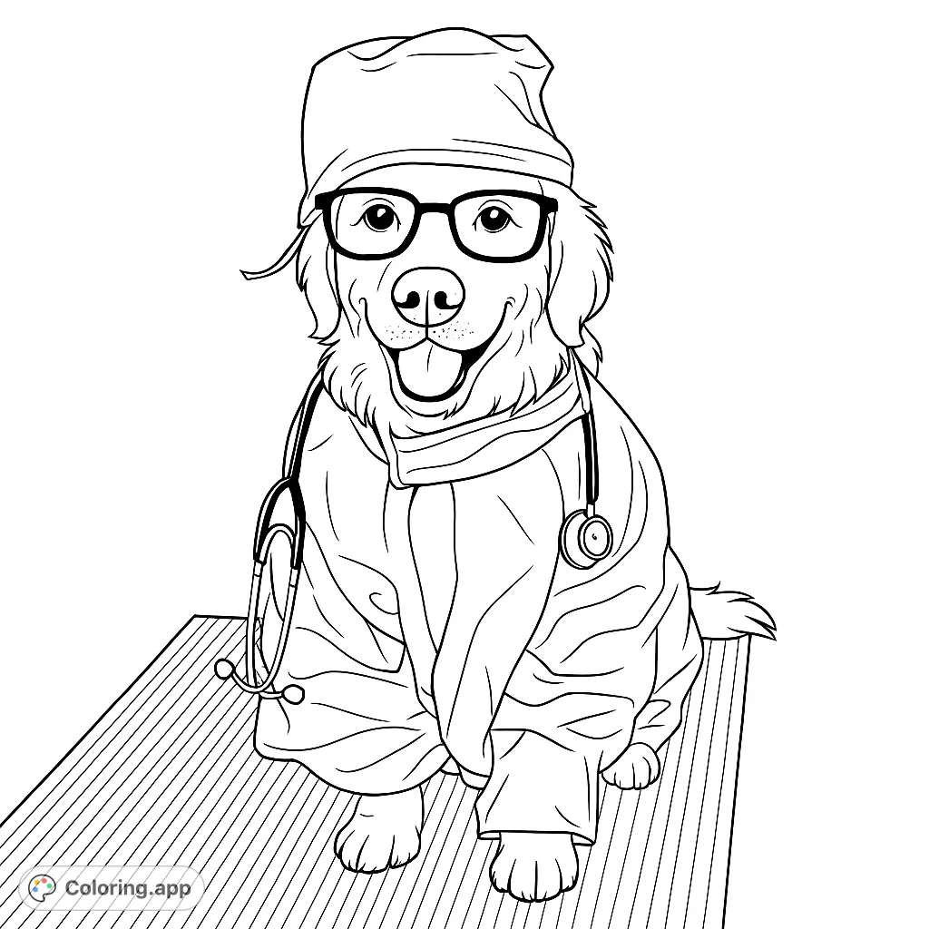 A delightful Golden Retriever dressed as a doctor, complete with scrubs, glasses, and a stethoscope, ready for a check-up. Perfect for pet lovers!