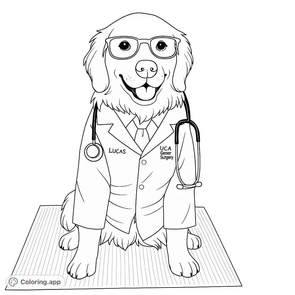A charming golden retriever doctor coloring page, perfect for kids and adults. Features a happy dog in a lab coat, tie, and glasses, ready to bring joy.