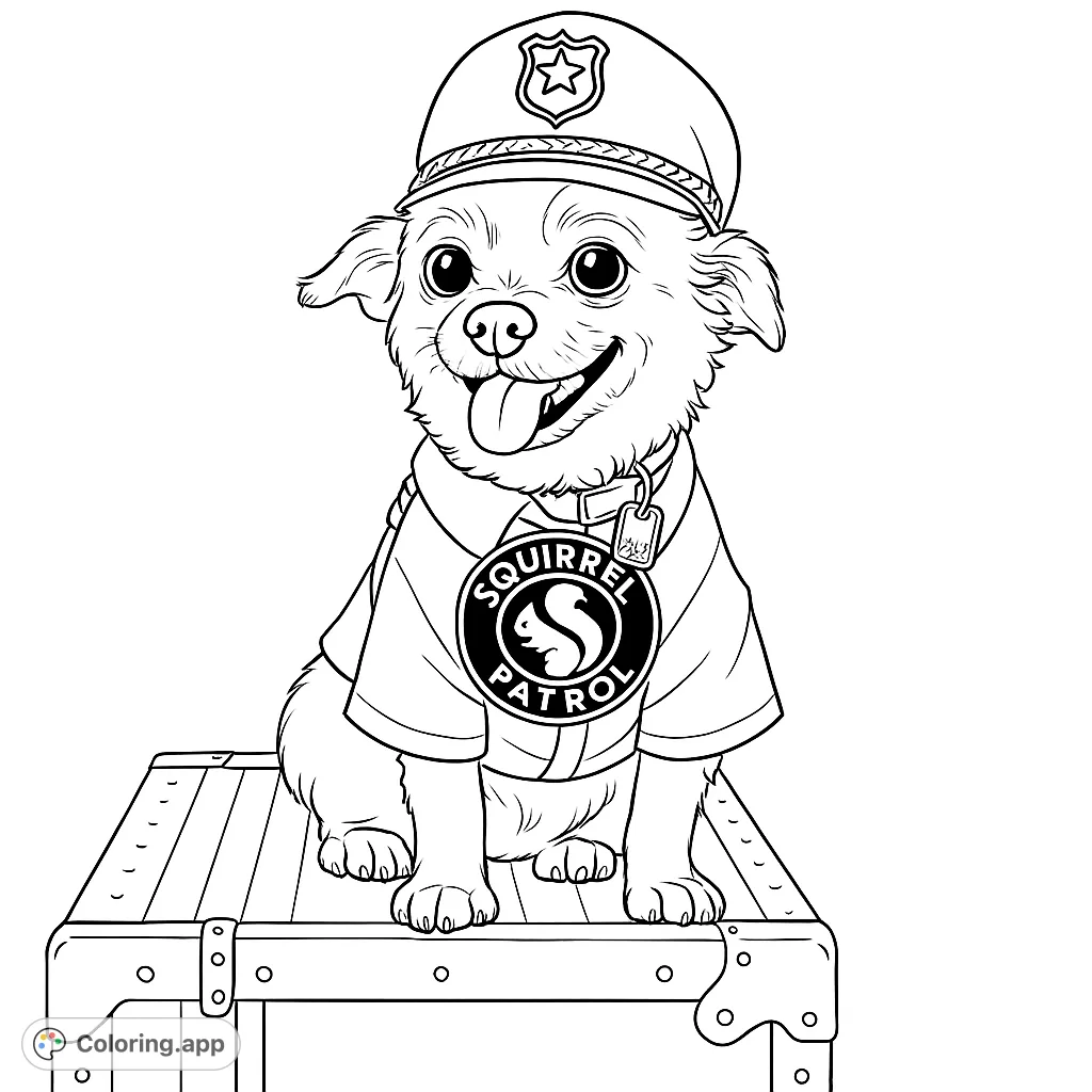 A charming dog in a Squirrel Patrol uniform, complete with a hat, sits on a vintage trunk, ready for adventure. A delightful and fun coloring page.