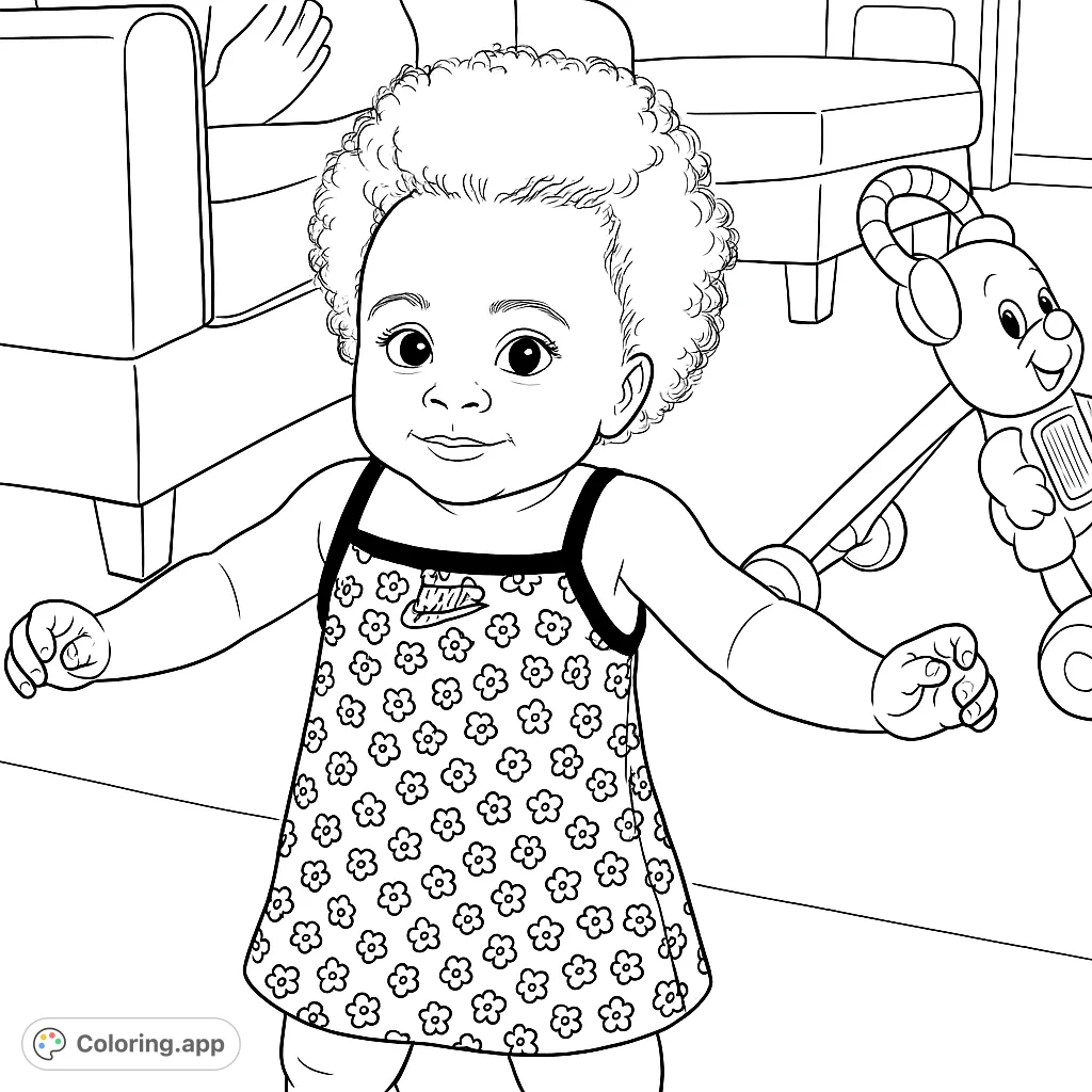 A delightful baby coloring page featuring a smiling toddler with curly hair in a floral dress, ready to explore, with a toy and sofa in the background. Free printable coloring page for kids.