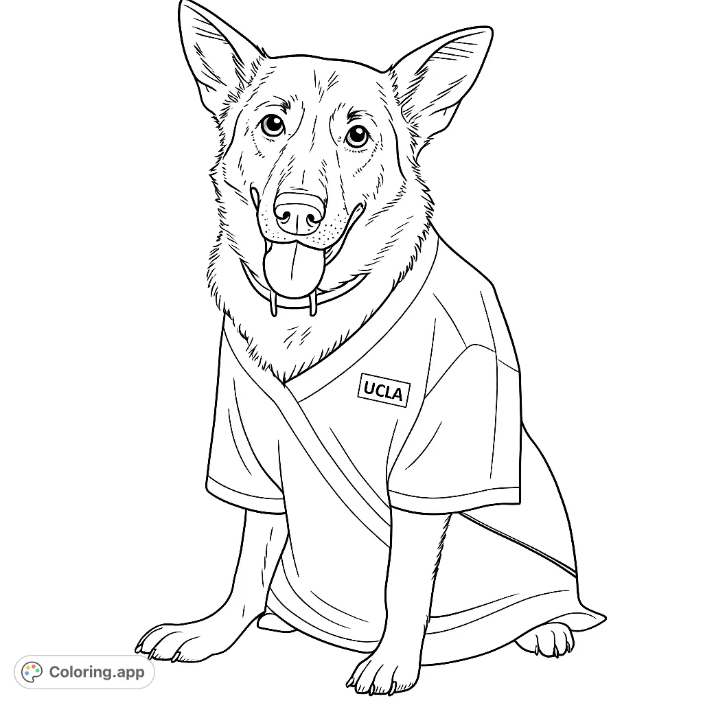 A charming German Shepherd-like dog in a medical scrub uniform, ready for a fun coloring adventure. Perfect for animal lovers and aspiring vets!