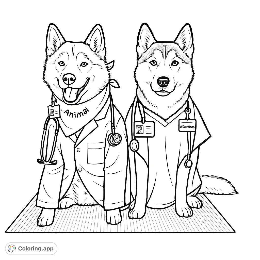 Two adorable husky dogs dressed as medical professionals, ready to bring smiles and comfort. A heartwarming scene for all ages.