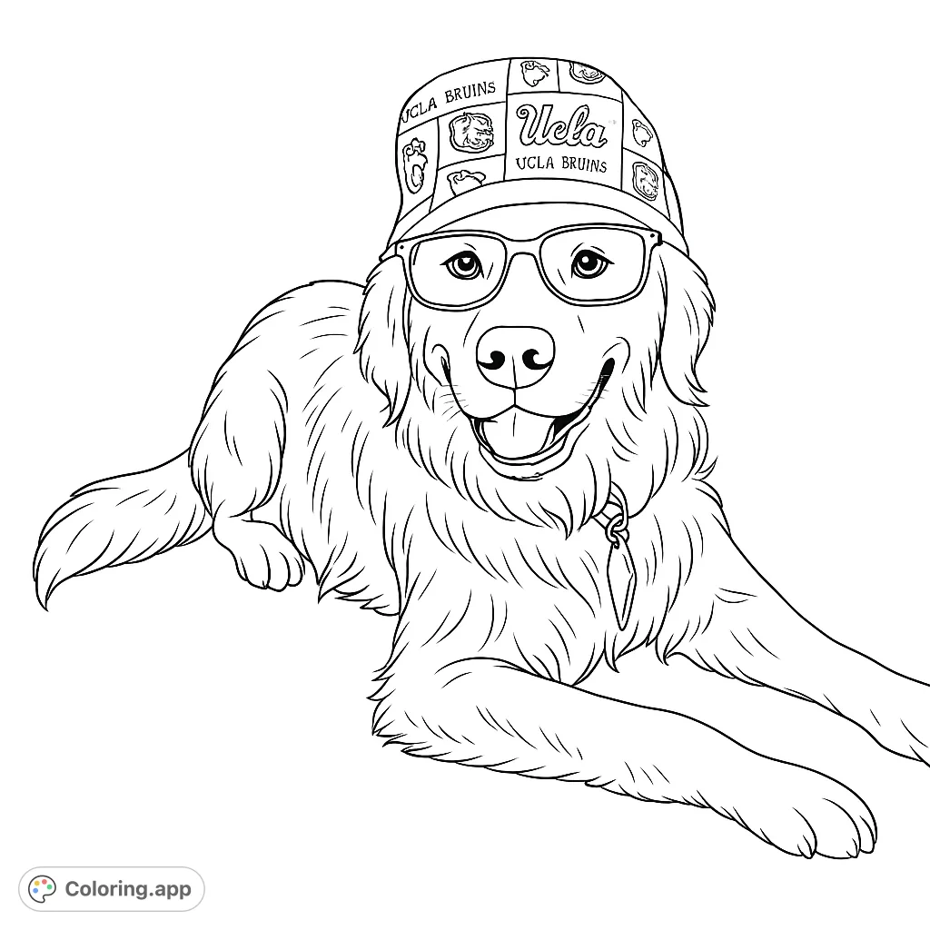 Color a smart Golden Retriever wearing a patterned hat and eyeglasses. A fun, free printable dog coloring page for all ages!
