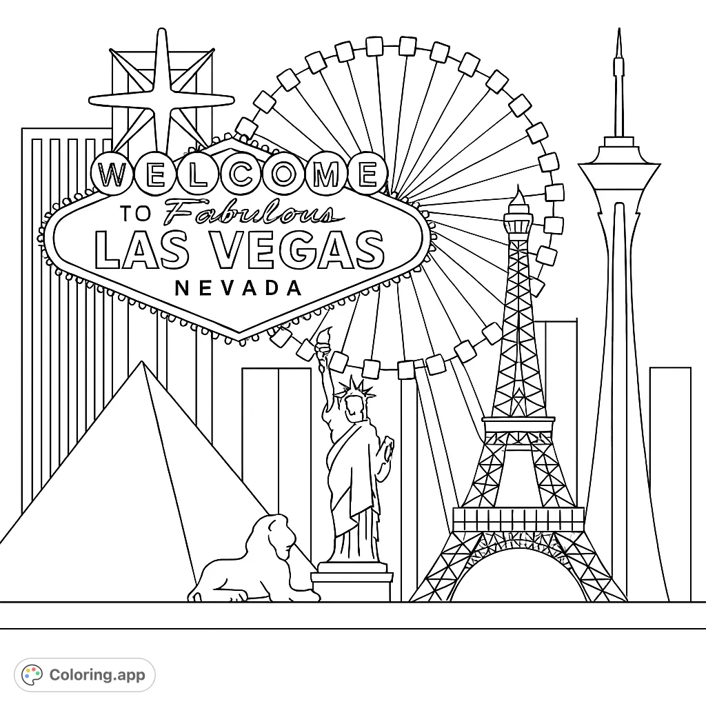 A vibrant Las Vegas cityscape coloring page featuring iconic landmarks like the Eiffel Tower, Sphinx, and a customizable Welcome sign, perfect for all ages.