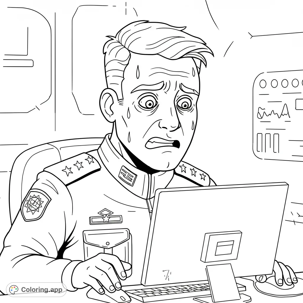 A distressed officer at a futuristic console, wide-eyed and sweating, facing a computer crisis. A detailed sci-fi coloring page.