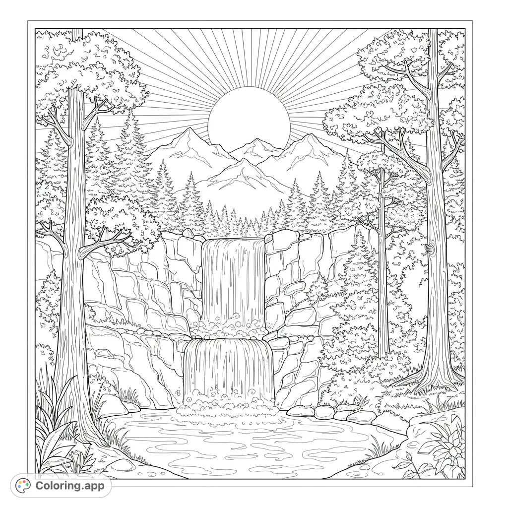 Explore a tranquil forest waterfall scene with majestic mountains and a setting sun. A beautiful nature coloring page for relaxation and creativity.