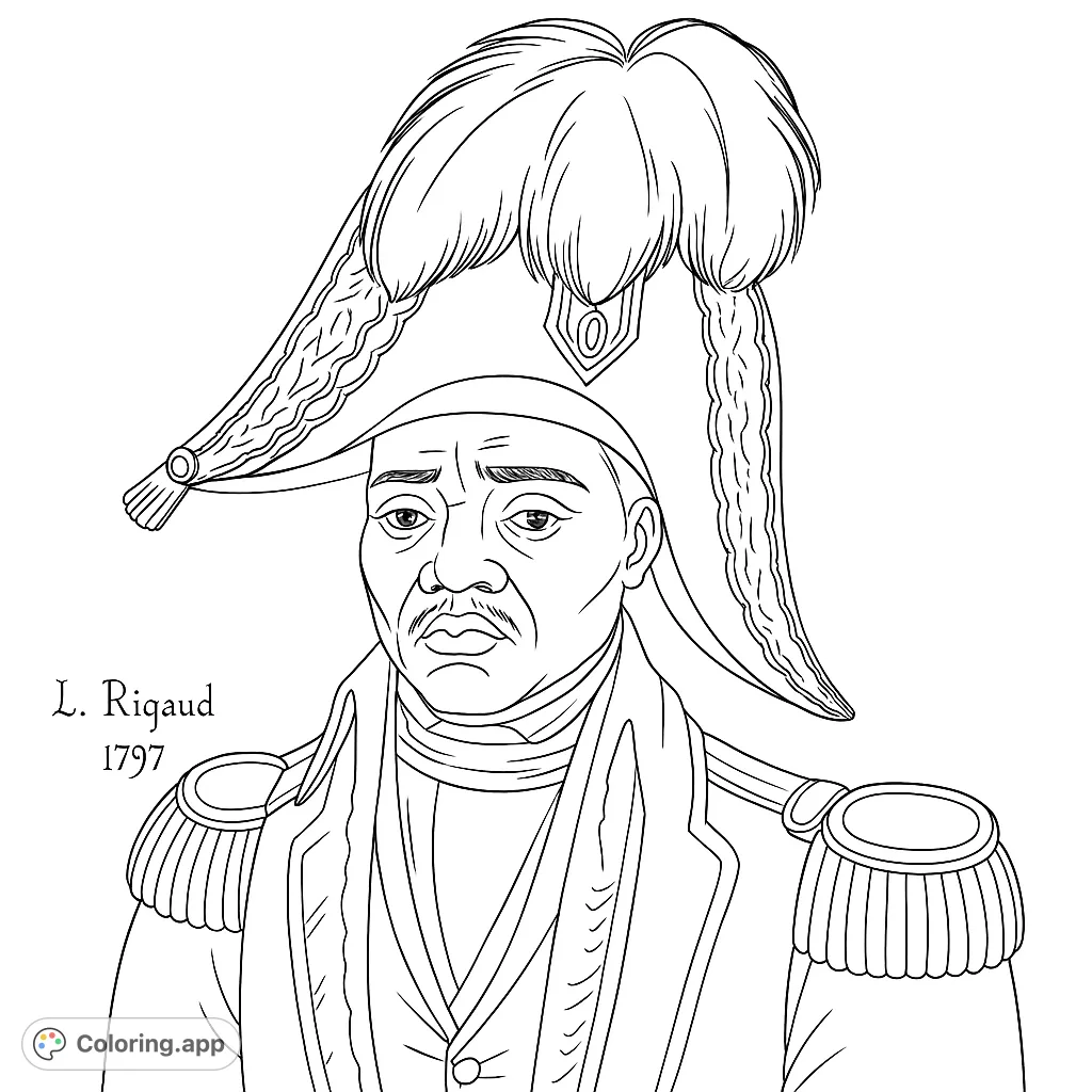 A striking historical military figure portrait, perfect for detailed coloring. Features a distinguished officer in uniform with a feathered bicorne hat.