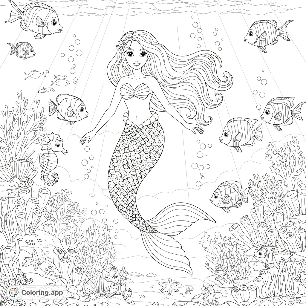 Dive into a magical mermaid coloring page! A beautiful mermaid swims gracefully amidst vibrant sea life and intricate coral, perfect for ocean fantasy lovers.