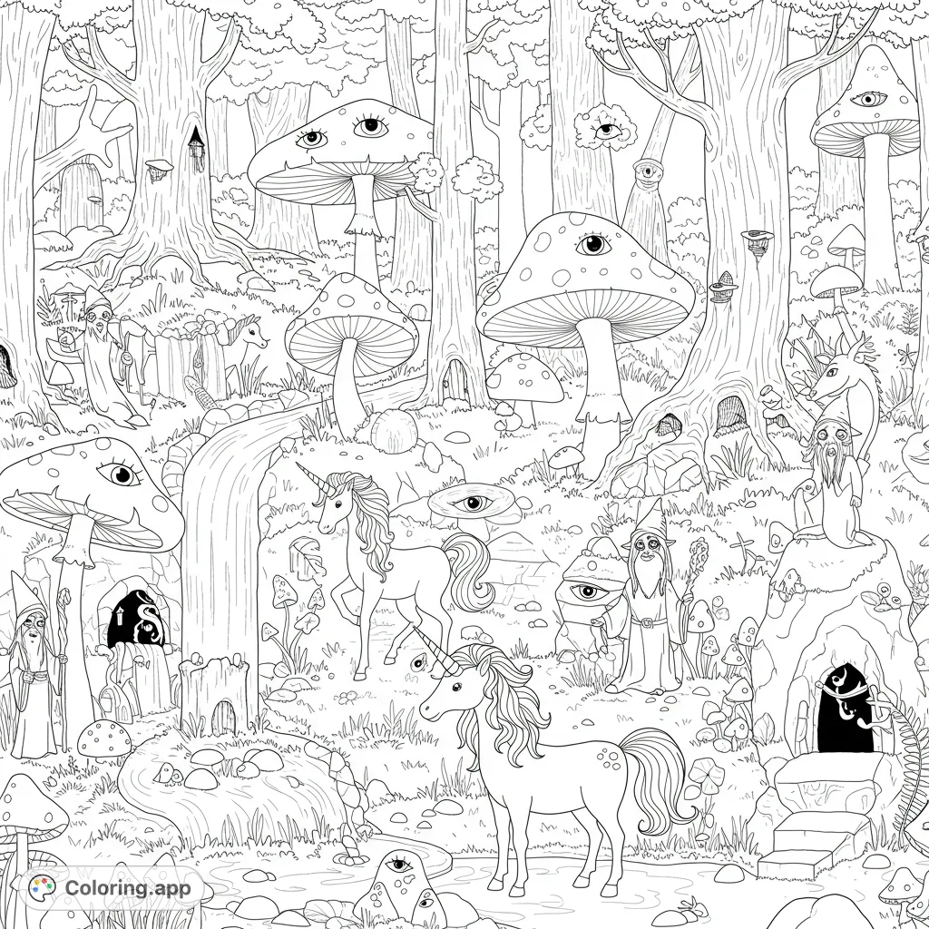 Explore a trippy forest coloring page filled with whimsical mushroom eyes, majestic unicorns, wise wizards, and powerful dragons amidst waterfalls and mysterious caves.
