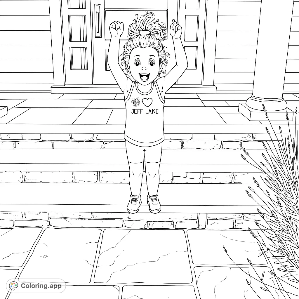 A cheerful girl with arms raised in triumph stands on stone steps before a grand building, ready for vibrant colors. A free printable celebration coloring page.