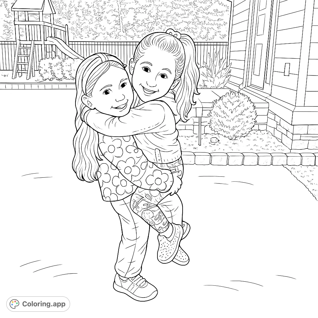 A heartwarming scene of two happy girls embracing in a backyard, featuring a playset and house. Perfect for a free printable coloring page.