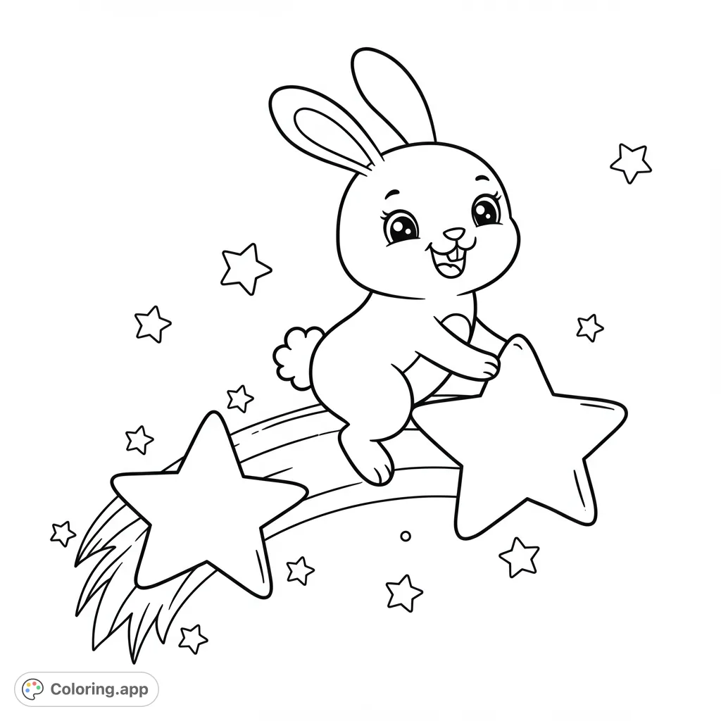 A delightful bunny rides a shooting star across a whimsical night sky filled with scattered stars. A magical and fun free printable coloring page for all ages.