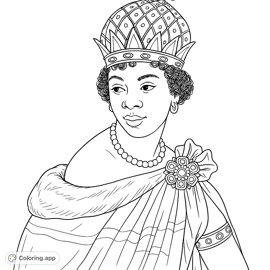 Color a majestic queen in an ornate crown and elegant gown. Features intricate details on her crown, brooch, and draped fabric. Perfect for all ages.