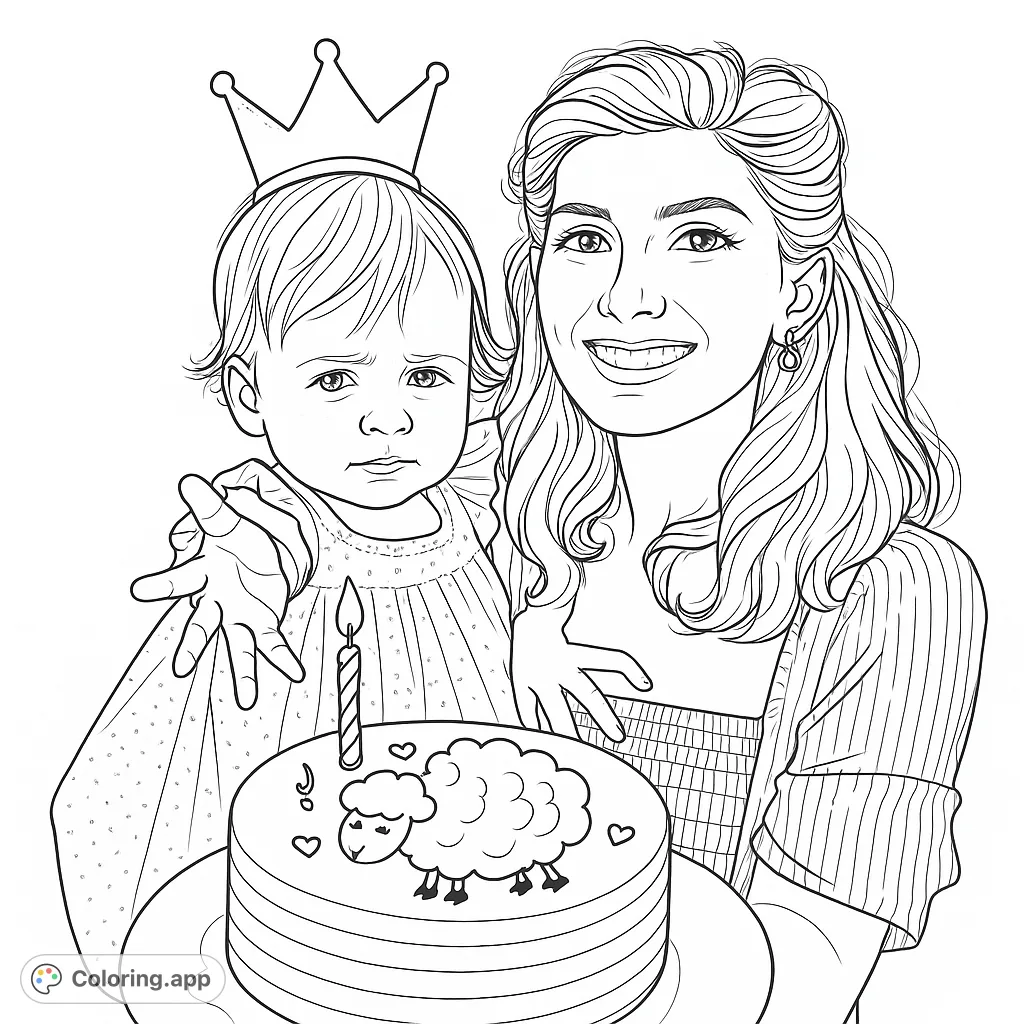 A heartwarming birthday scene featuring a smiling mom, a crowned baby, and a cute sheep cake. Perfect for celebrating special moments.