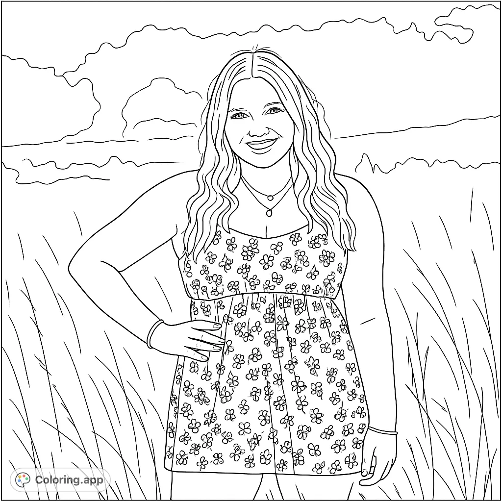 A smiling woman in a floral top stands in a field of tall grass under a cloudy sky. A delightful summer portrait for coloring.