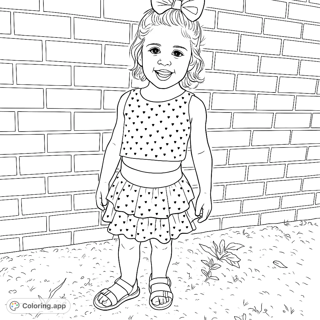A charming child with a big bow and heart-patterned outfit smiles against a brick wall. A delightful free printable coloring page for kids and adults.