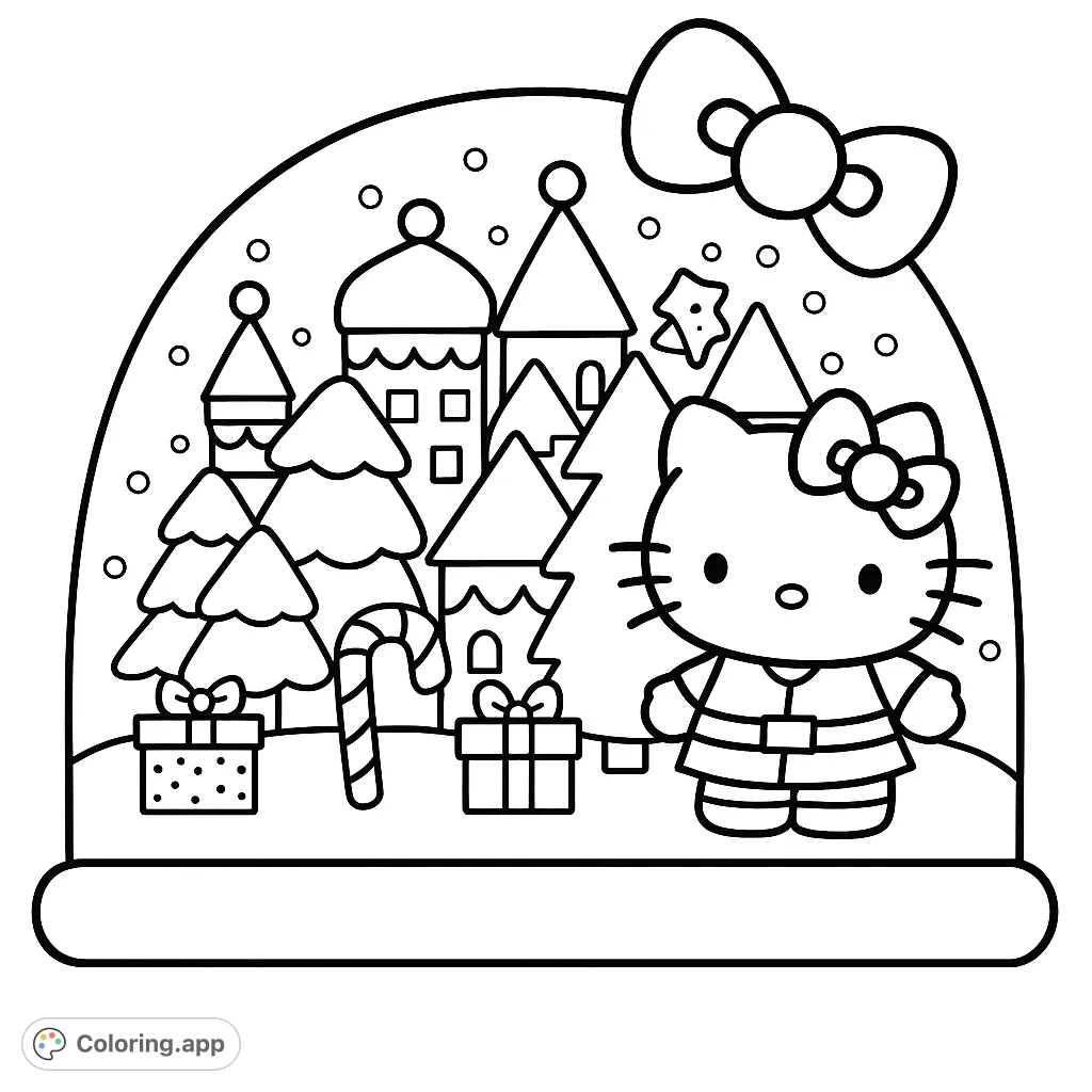 A delightful Hello Kitty festive snow globe coloring page featuring the beloved character amidst whimsical buildings, trees, and gifts, perfect for holiday cheer.