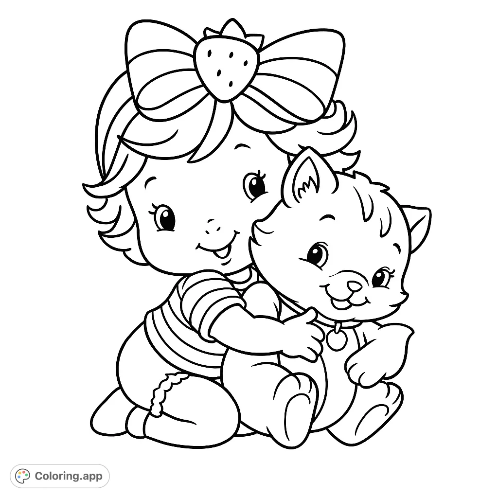A heartwarming scene featuring a cute girl hugging her striped kitty, perfect for a free printable coloring page. Ideal for kids and animal lovers.