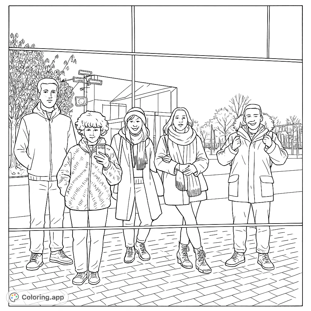Five friends in an urban setting, ready for adventure. A free printable city life coloring page for all ages, perfect for creative expression.