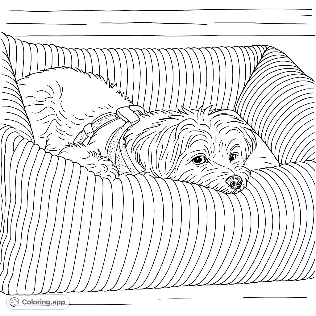 A charming fluffy dog rests cozily in a ribbed bed, perfect for a relaxing coloring session. A delightful free printable dog coloring page for all ages.