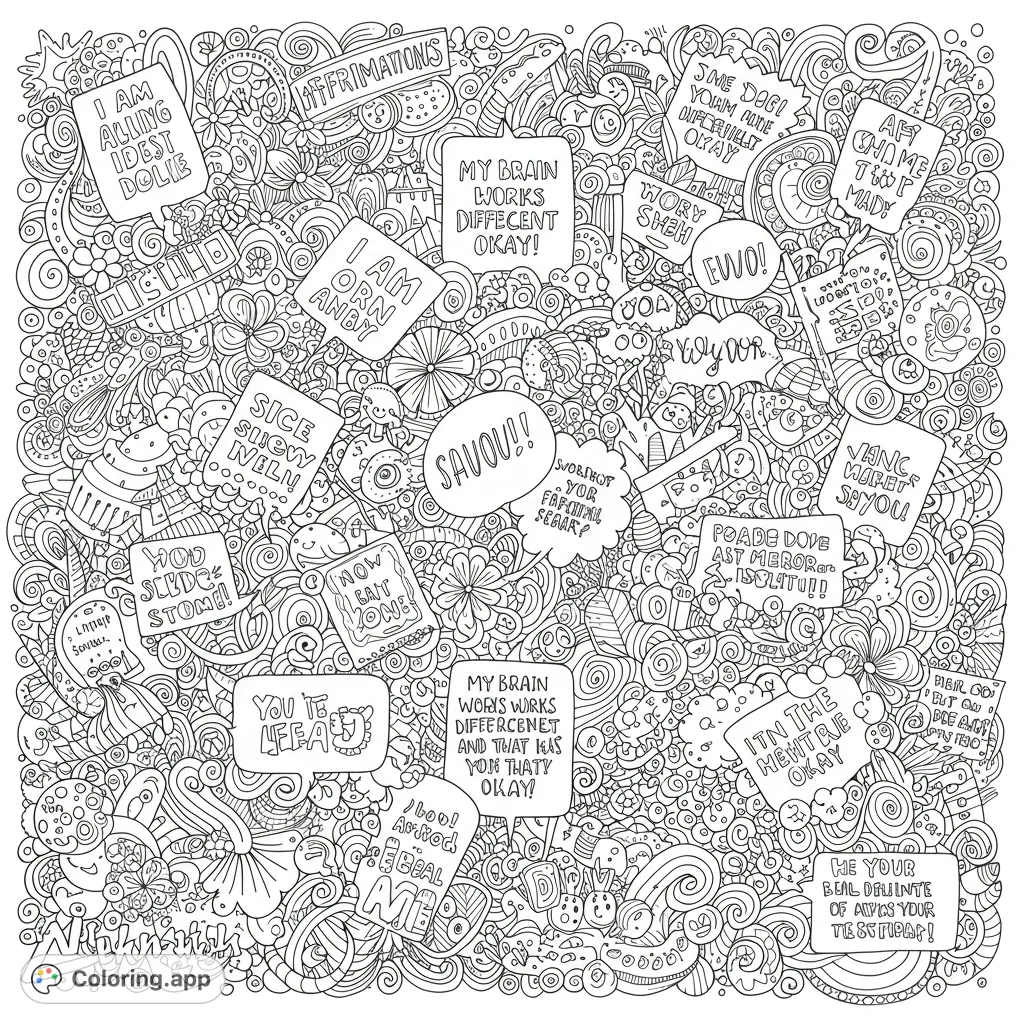 Dive into a complex world of abstract doodle patterns and empty speech bubbles. A free printable intricate doodle coloring page for all ages.