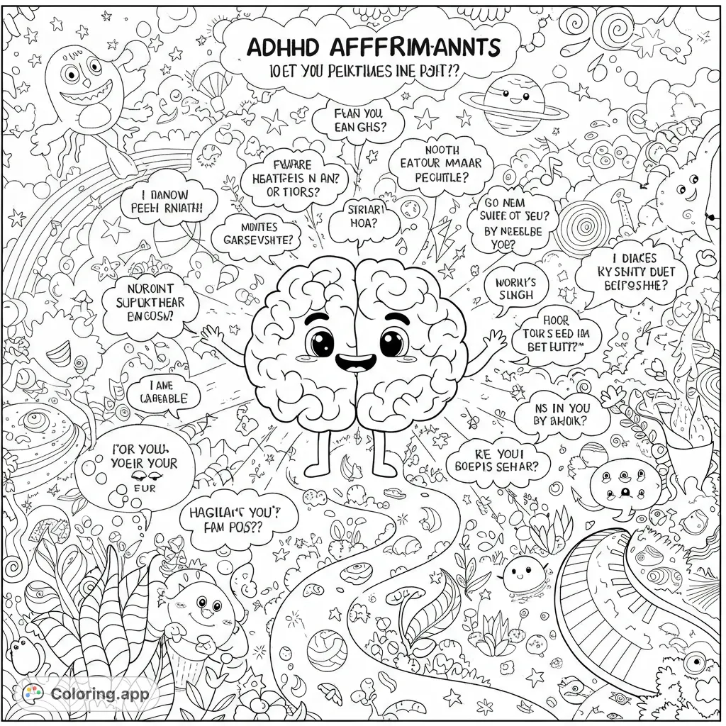 A whimsical brain character explores a doodle-filled world with quirky creatures and abstract elements, perfect for creative coloring.