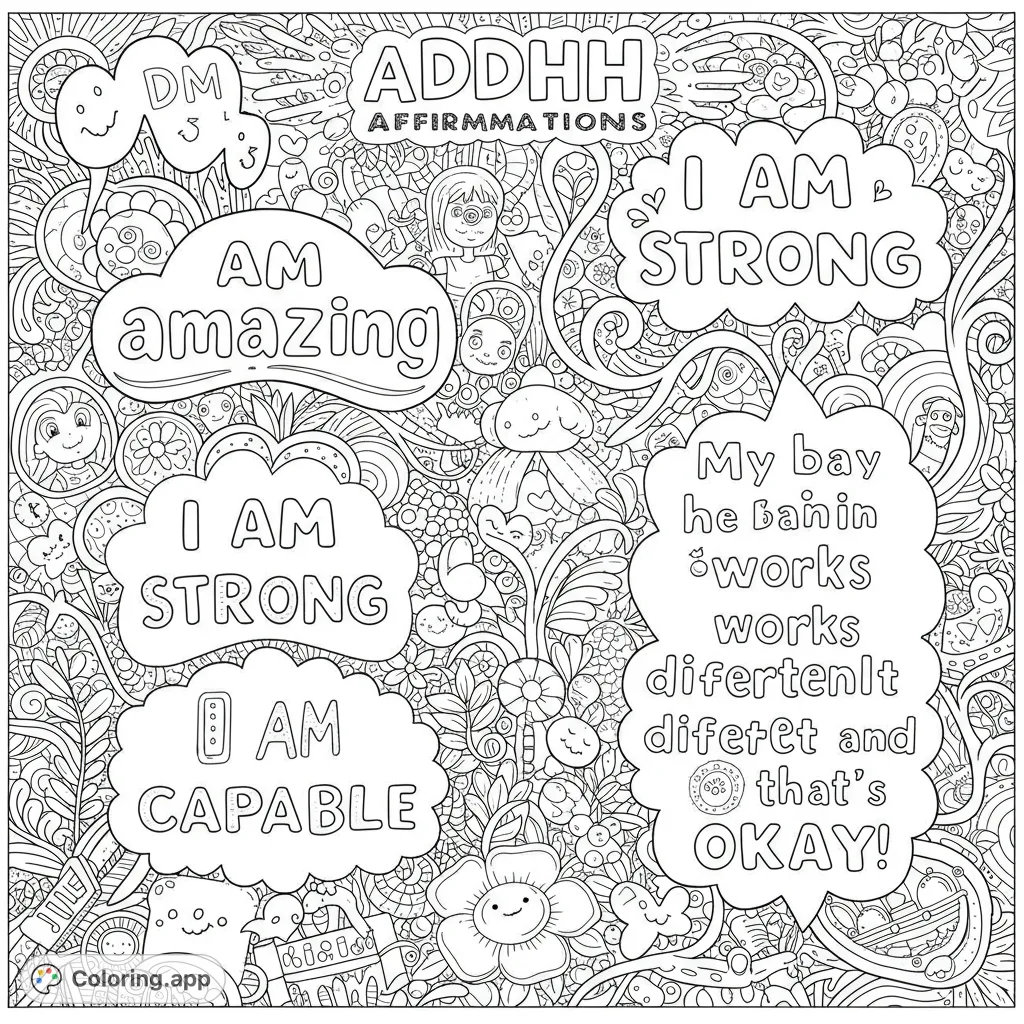Intricate doodle art with whimsical characters and decorative bubbles, perfect for mindful coloring and creative expression.