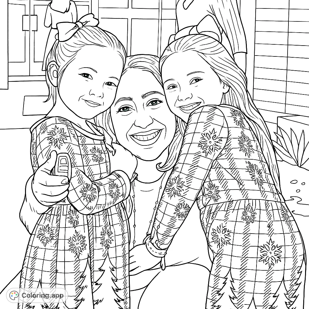 A heartwarming family coloring page featuring a smiling mother embraced by two joyful daughters in festive plaid and snowflake pajamas.